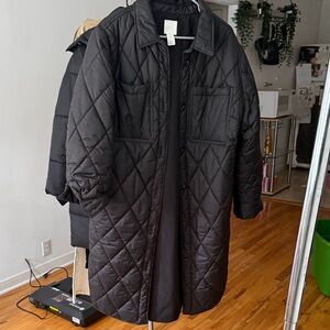 H&M Black Quilted Long Button-Front Coat
